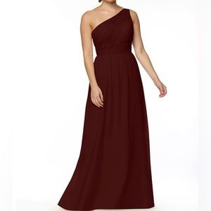 Chiffon 1-shoulder dress, pleated bodice. Shoulder splits into 2 straps in back.